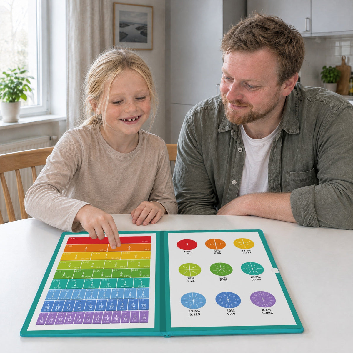 En jente og pappaen hennes bygger brøker ved kjøkkenbordet
