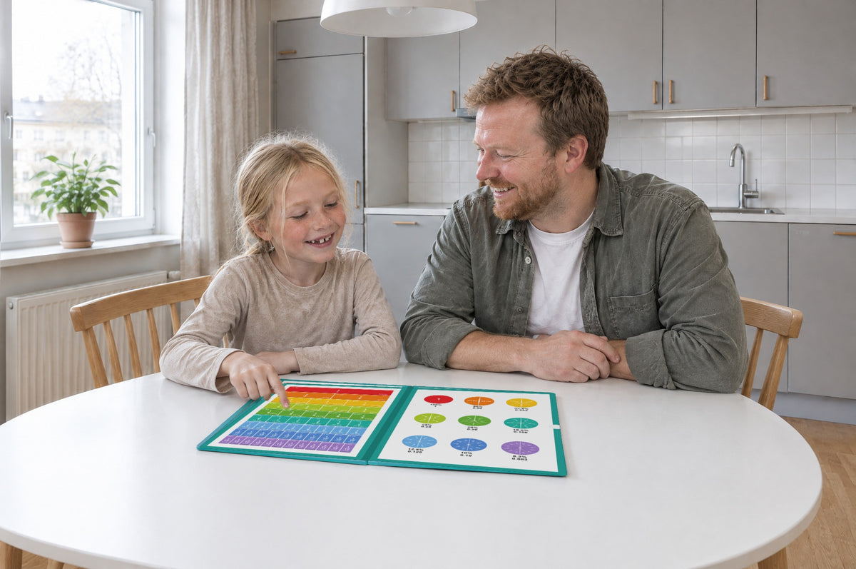 The fraction board open on a kitchen table