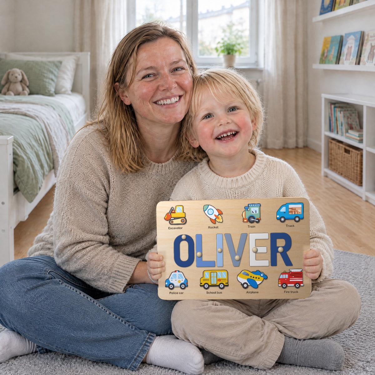 Mum and son laughing cheek to cheek with the finished puzzle