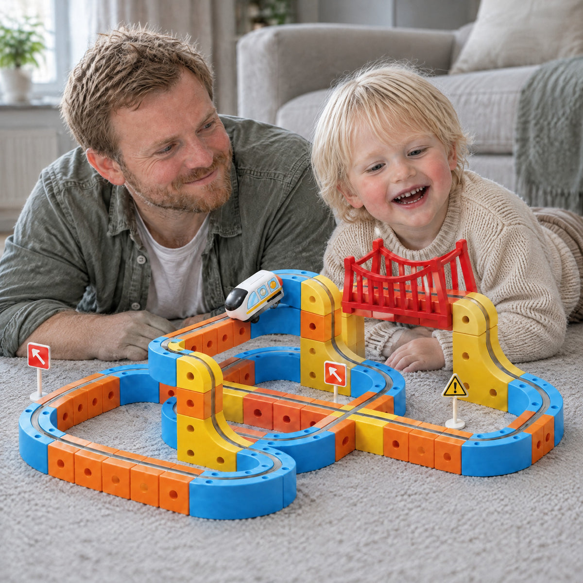 A father and son lying on the rug, watching the train cross the bridge